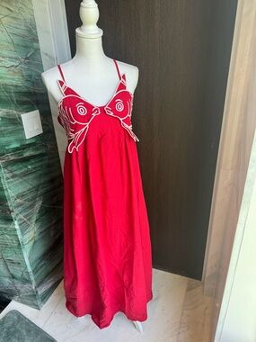 Red Spaghetti Strap Fishy Maxi Dress with White Embroidered Bust